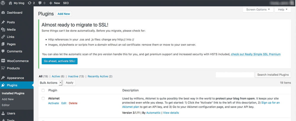 click the activation button to connect your website with the Really Simple SSL security plugin and your website's SSL certificate